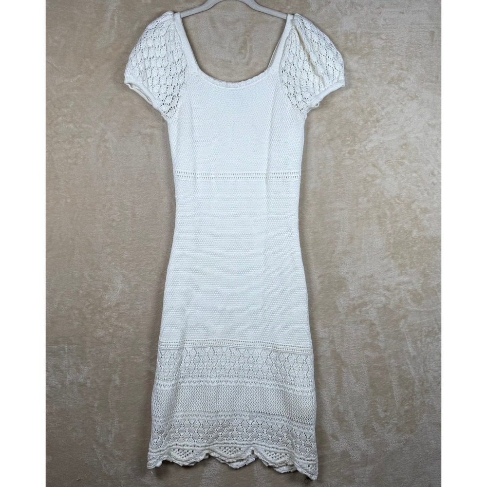 Freshman 1996 Women Med White Crochet Knit‎ Midi Dress Puff Sleeve Scallop Hem